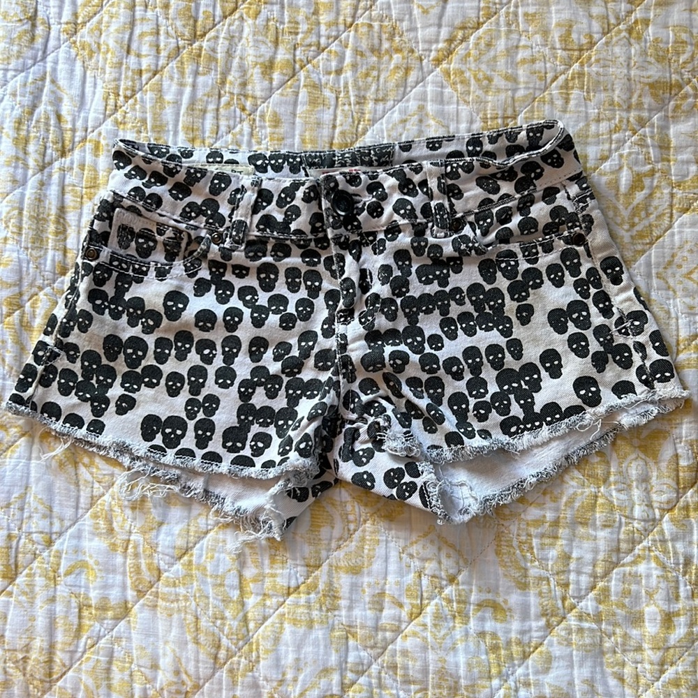 White and Black Skull Jean Shorts